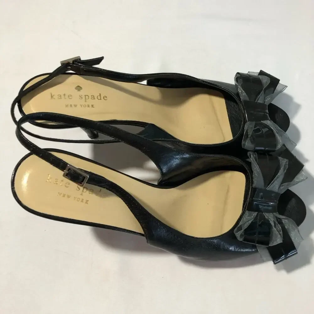 Kate Spade New York black leather slingback peep toe pumps sheer bows womens 6